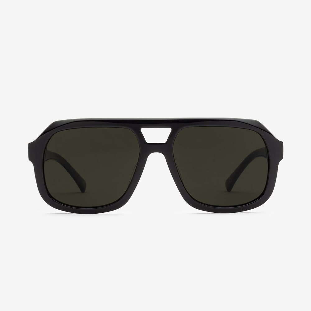 Augusta sunglass. Large sized chunky gloss black frame for men and women. Italian made bio acetate and polarized frame